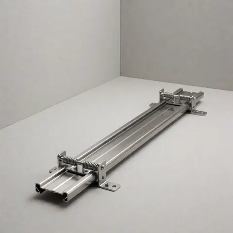 Close-up of a stainless steel awning track with tension spring and mounting brackets on a neutral white surface for installation.