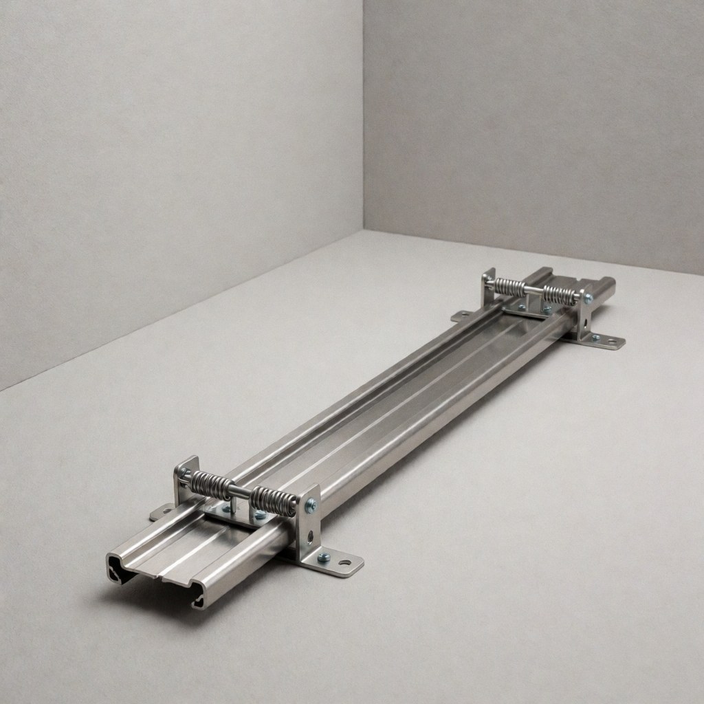Close-up of a stainless steel awning track with tension spring and mounting brackets on a neutral white surface for installation.