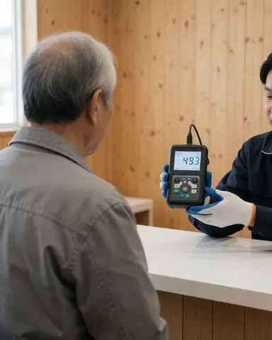 Technician holding a battery meter and displaying the reading to a customer at a white table.