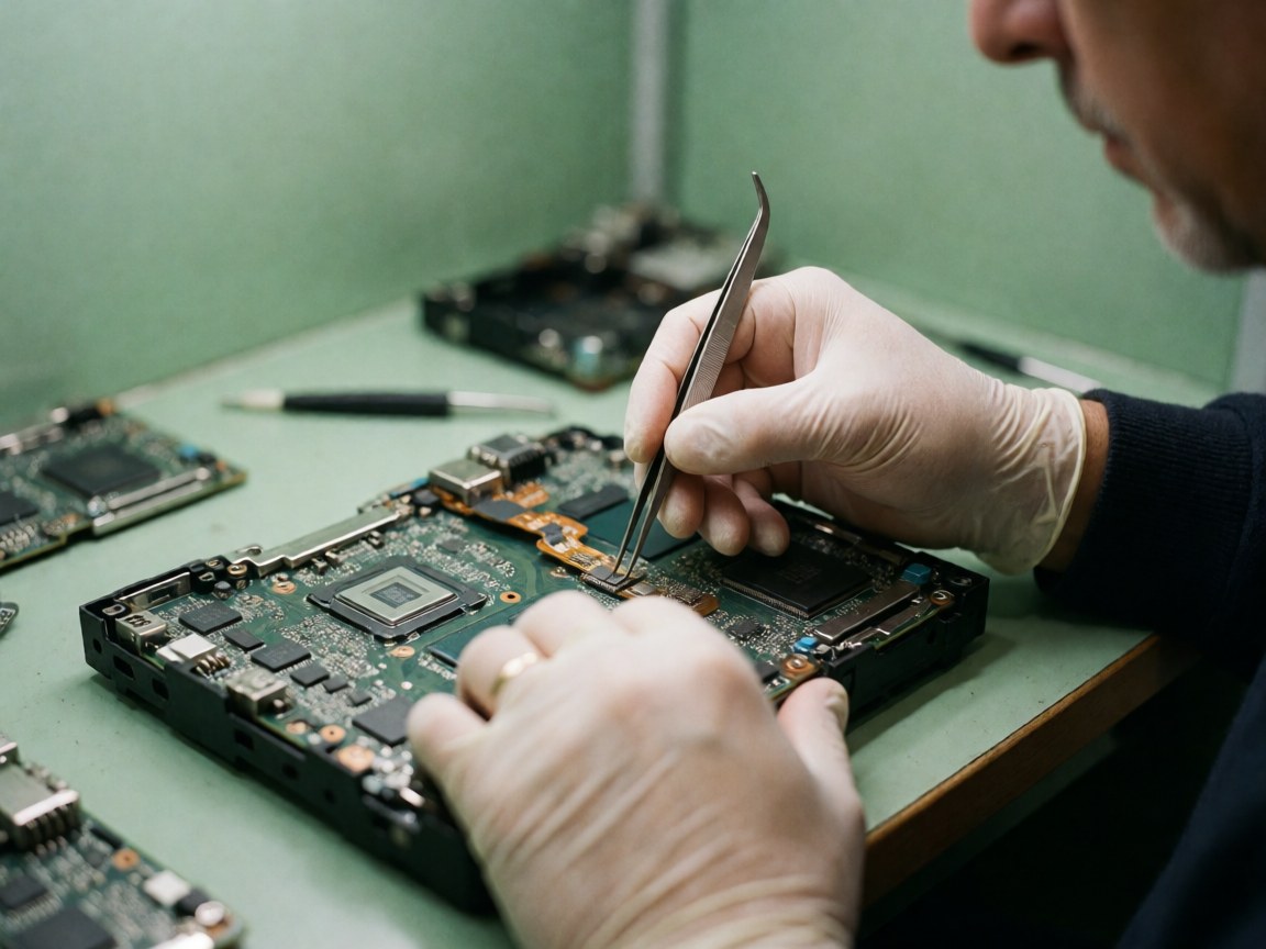 Close-up of a technician using tweezers to manipulate a flexible cable on a computer motherboard, showing detailed circuitry and repair tools.