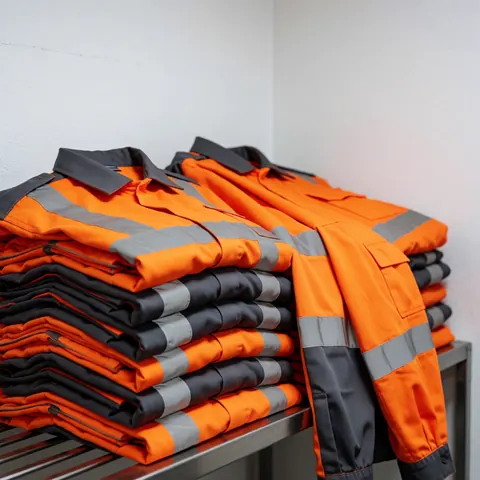 Folded orange and gray reflective work uniforms stacked on a metal shelf in an industrial laundry room