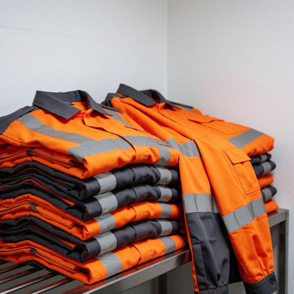 Folded orange and gray reflective work uniforms stacked on a metal shelf in an industrial laundry room