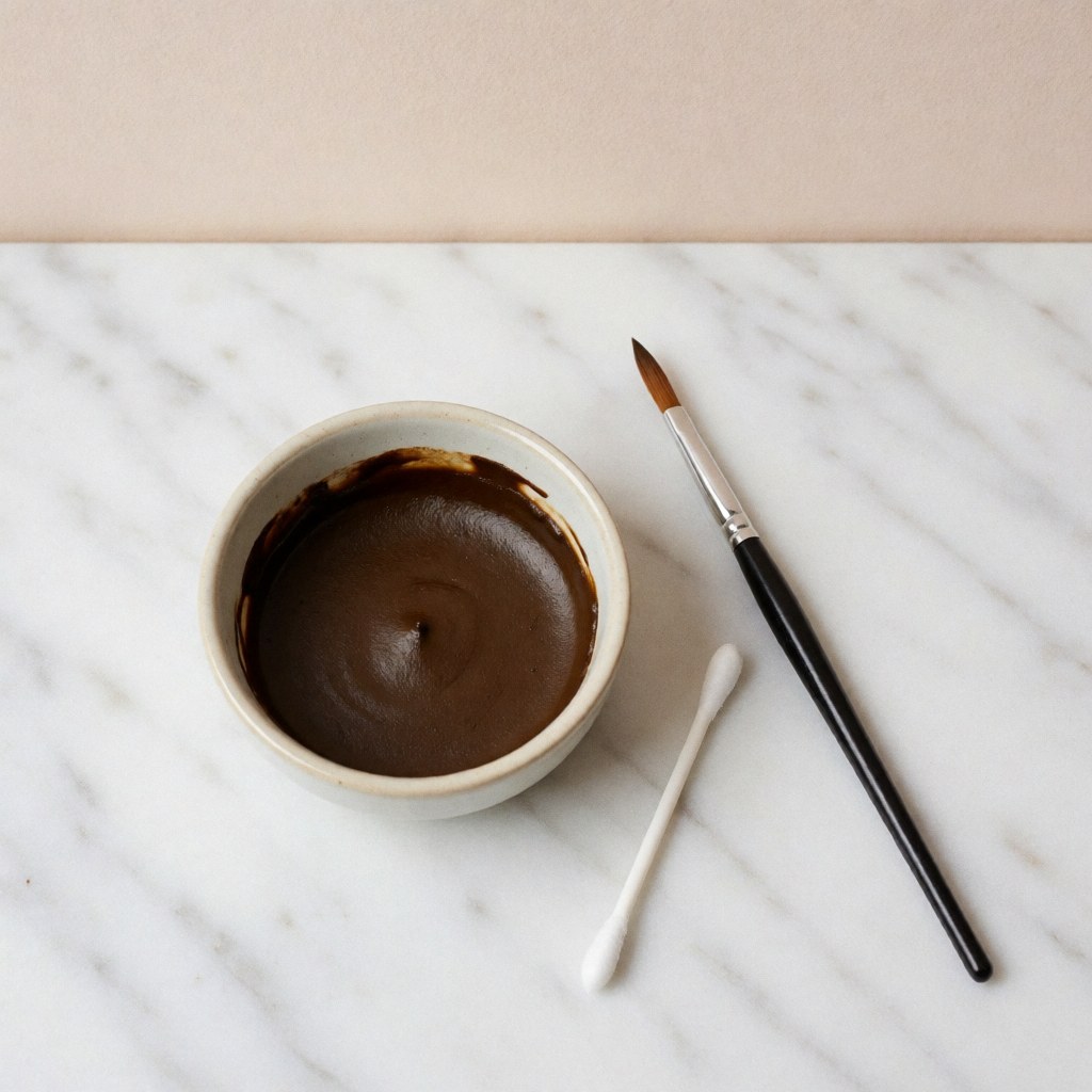 Eyebrow henna in a ceramic container with a brush and cotton swab on white marble for professional application