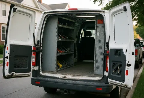 White service van parked on a residential street with rear doors open revealing shelves of appliance repair tools and accessories