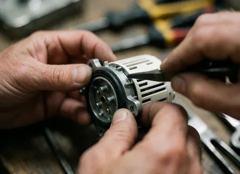 Close-up of mechanic hands using a wrench to adjust an alternator with tools in the blurred background