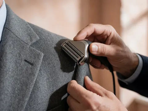 Close-up of a sliding lint remover tool being used on a gray wool suit jacket in a tailor shop with terracotta walls.