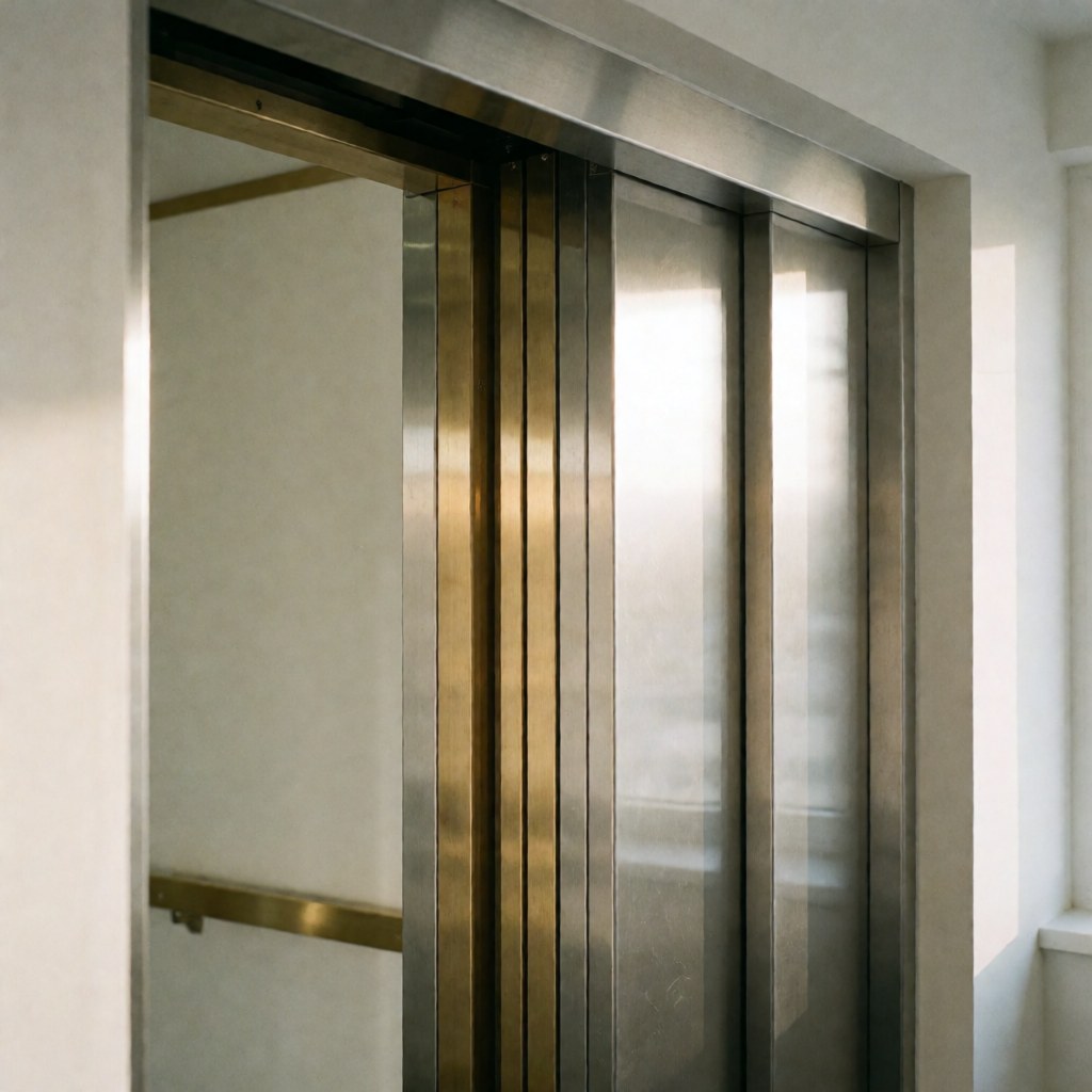 Close-up of an elevator door featuring shiny metallic guides and polished aluminum panels reflecting natural light in a modern setting.