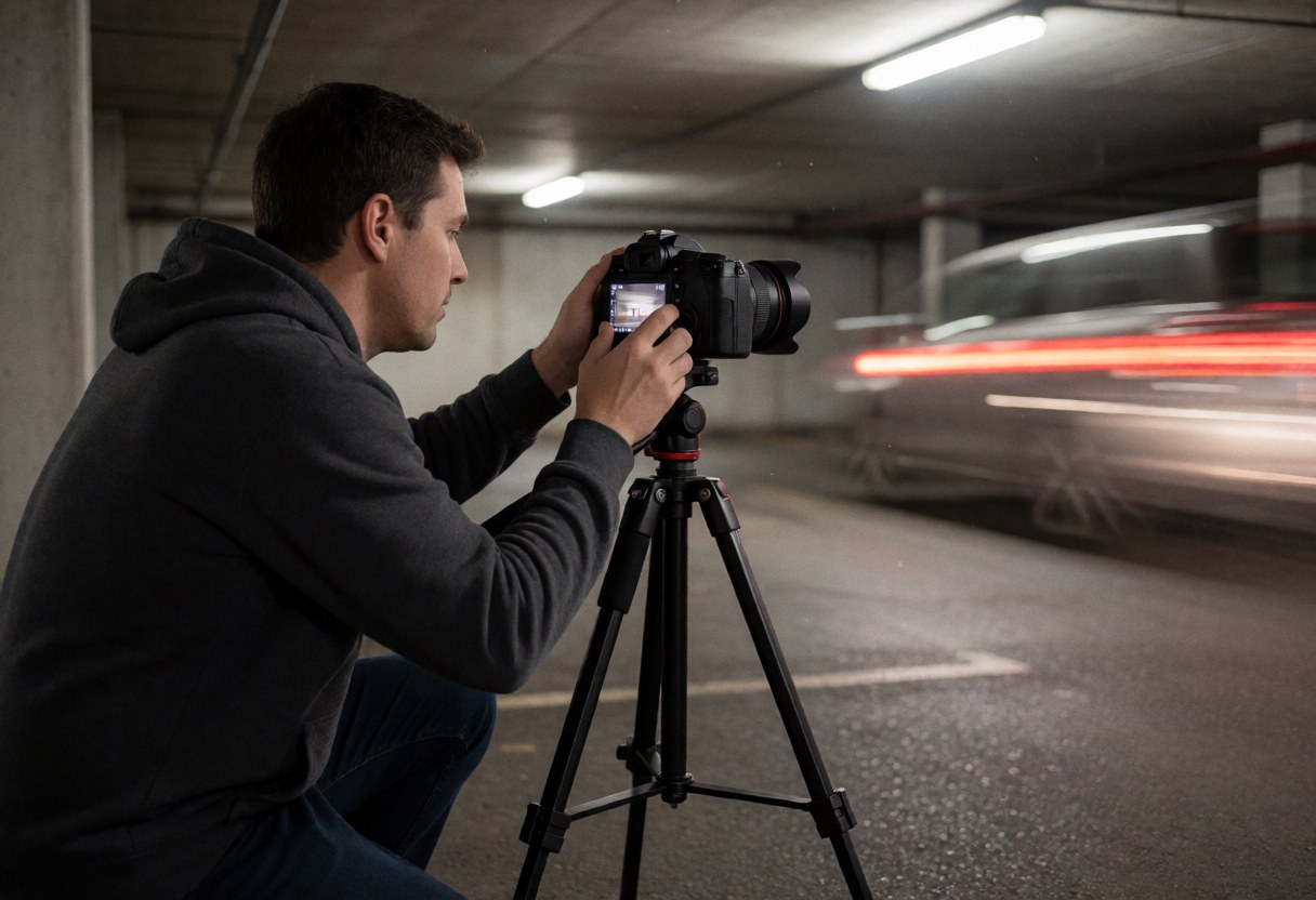 Professional photographer using a tripod to capture light trails from a moving car in a dimly lit underground garage with concrete walls.