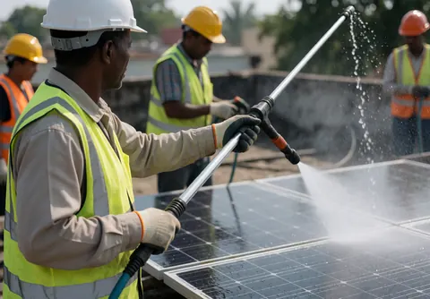 Technician wearing helmet and vest cleaning solar panels on a roof using a water pulley with splashing water and natural light