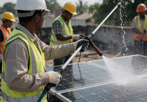 Technician wearing helmet and vest cleaning solar panels on a roof using a water pulley with splashing water and natural light