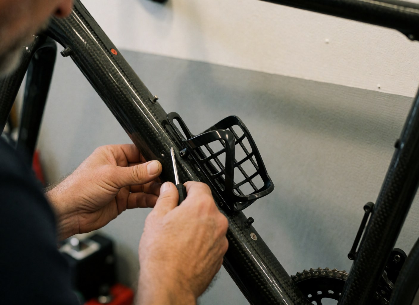 Close-up of a mechanic using a screwdriver to install a black water bottle cage on a carbon bicycle frame in a workshop.