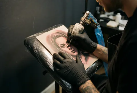 Professional tattoo artist wearing black gloves and a mask applies ink with a machine to a gray portrait design on skin.