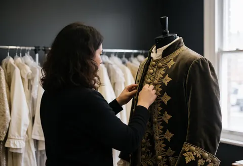 A tailor fitting a gold-embroidered theater jacket on a dress form with hangers in the background and natural light from a window