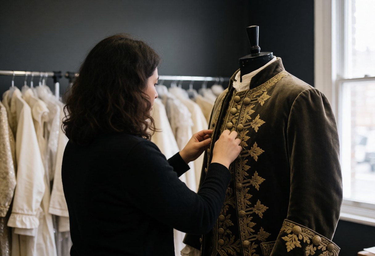 A tailor fitting a gold-embroidered theater jacket on a dress form with hangers in the background and natural light from a window
