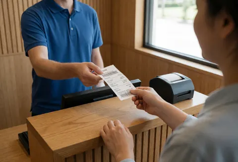 Staff member at a wooden counter hands a printed ticket to a client near a digital screen and printer.