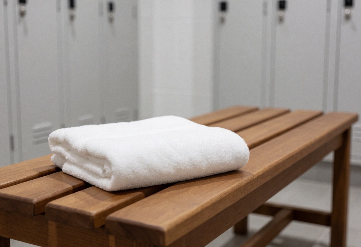 A folded white towel resting on a wooden bench in a locker room with blurred white lockers in the background.