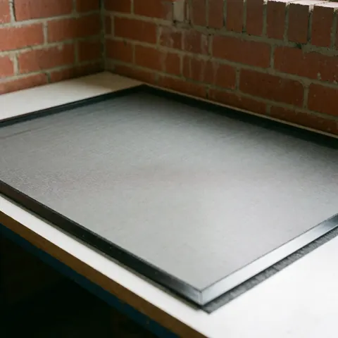Close-up of black window screen mesh stretched taut on a white workbench with a red brick wall background in bright natural light