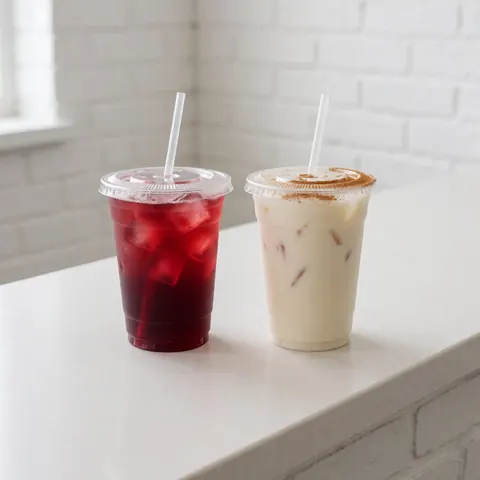 Two cold beverages in plastic cups with lids and straws, one red with ice and one white with cinnamon, on a white countertop against a white brick wall