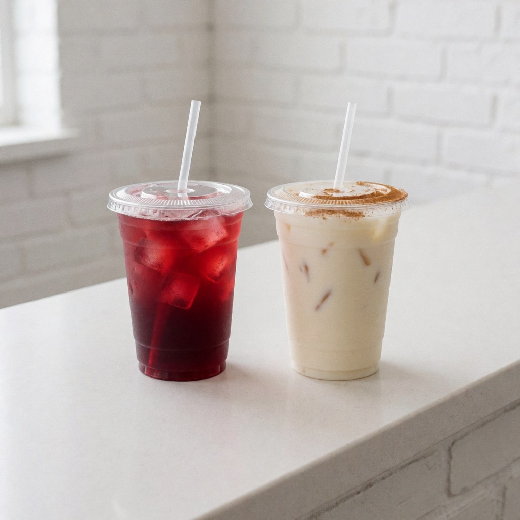 Two cold beverages in plastic cups with lids and straws, one red with ice and one white with cinnamon, on a white countertop against a white brick wall
