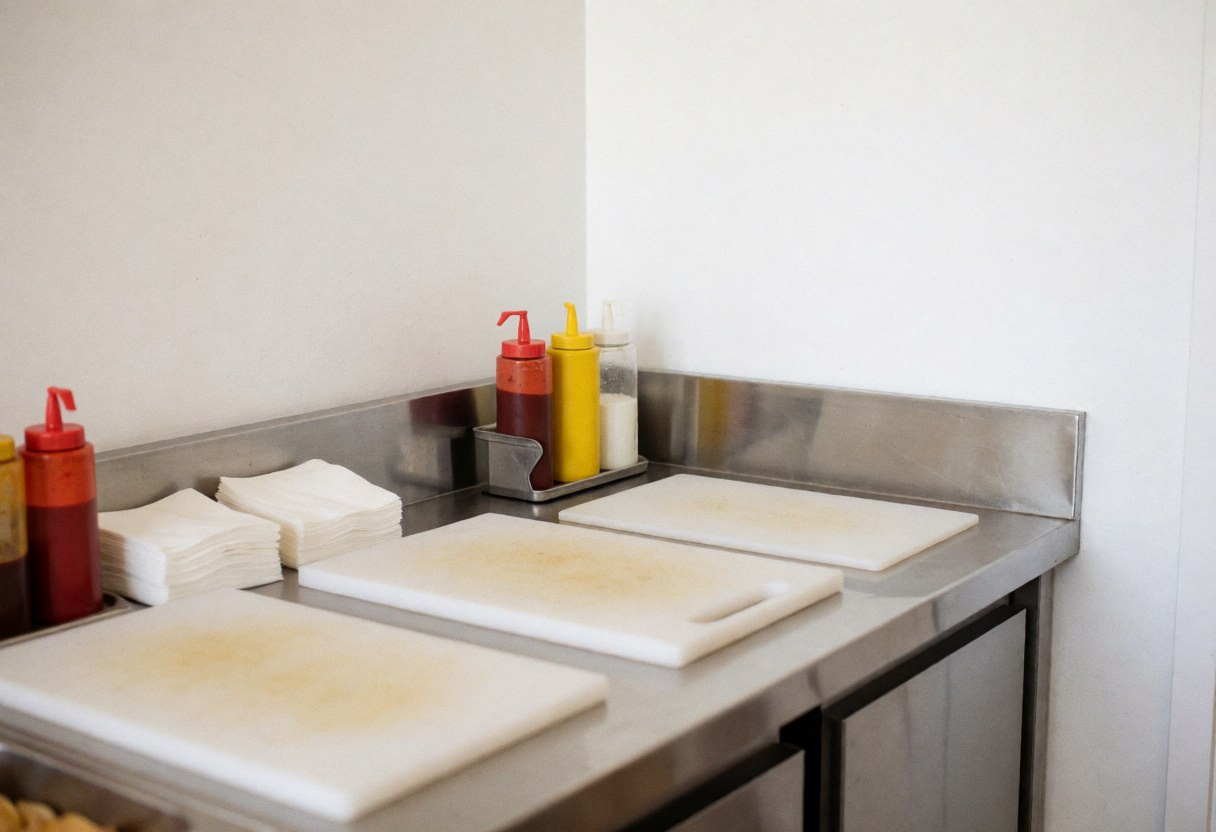 Food preparation station featuring cutting boards with stains, sauce dispensers, and napkins on a stainless steel kitchen surface.