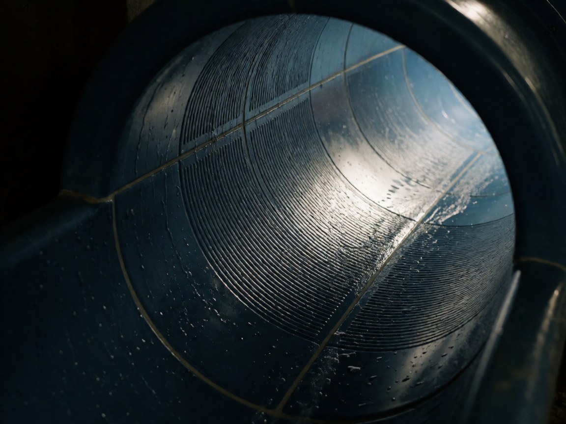 Close-up of the interior of a water slide tube showing flowing water, anti-slip texture, and artificial lighting against a dark background.