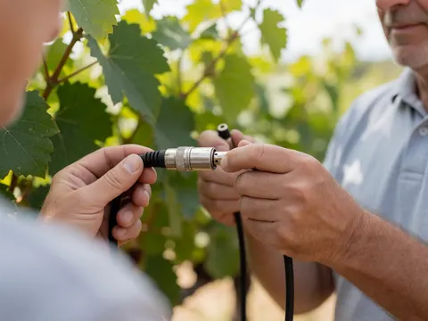Close-up of an XLR cable connected in a vineyard with green leaves and sunlight, suitable for outdoor event sound systems.
