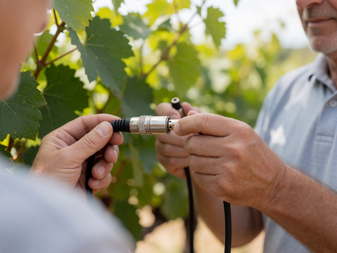 Close-up of an XLR cable connected in a vineyard with green leaves and sunlight, suitable for outdoor event sound systems.