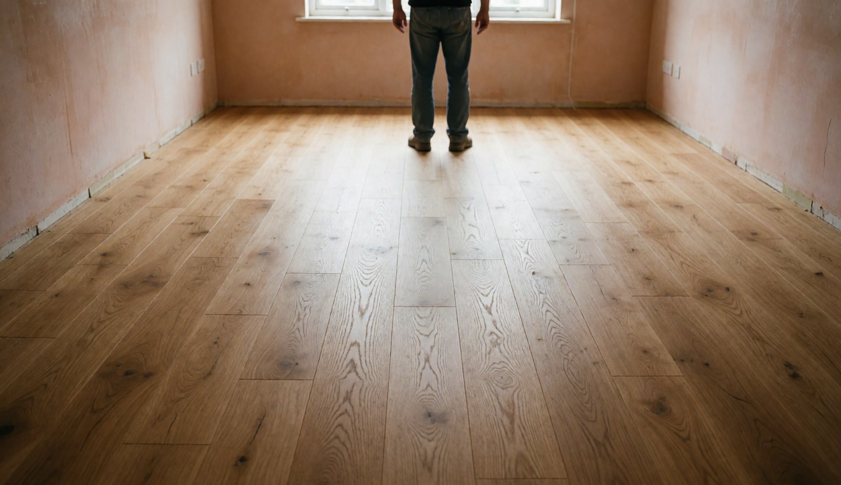 Installer inspecting newly installed hardwood floor in an empty room with plaster walls and natural light