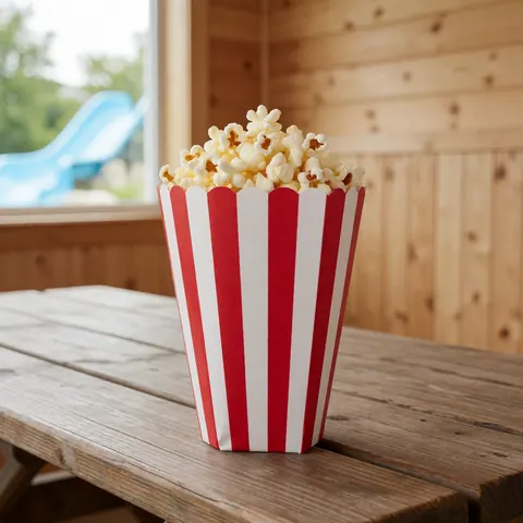 A red and white striped popcorn bag sits on a wooden table with wooden walls and a pool visible in the background.