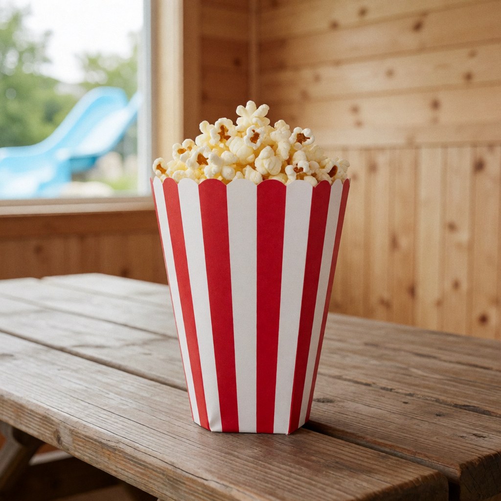 A red and white striped popcorn bag sits on a wooden table with wooden walls and a pool visible in the background.