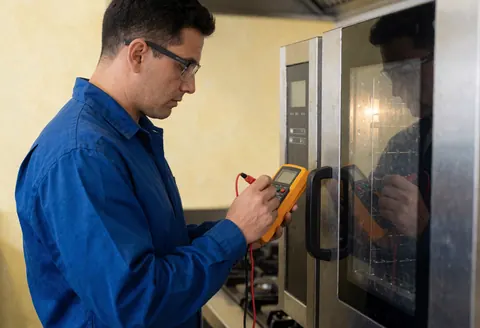Technician in blue uniform inspects a commercial oven using a multimeter in a kitchen with yellow walls.