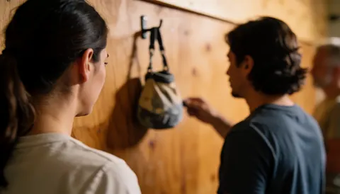 Two people from behind looking at a chalk bag hanging on a wooden wall in a climbing gym with warm lighting.