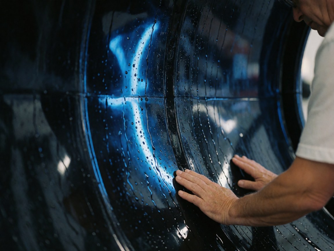 Close-up of an adult hand touching the plastic wall of a water slide tube with blue lighting and visible water droplets.