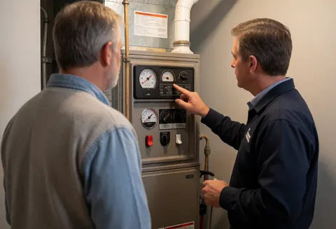 Heating repair technician points to a control panel with gauges while explaining the system to an attentive older client in a room with gray walls.