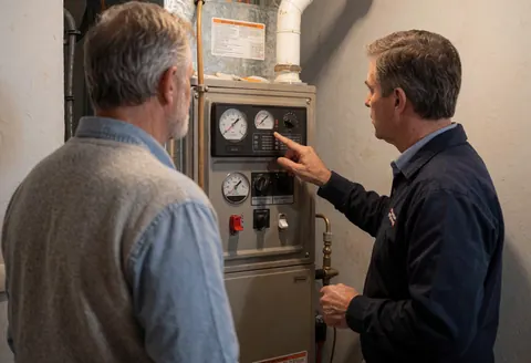 Heating repair technician points to a control panel with gauges while explaining the system to an attentive older client in a room with gray walls.