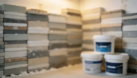 Neutral toned stacked tiles and adhesive containers on a textured background suitable for bathroom installation service text overlays