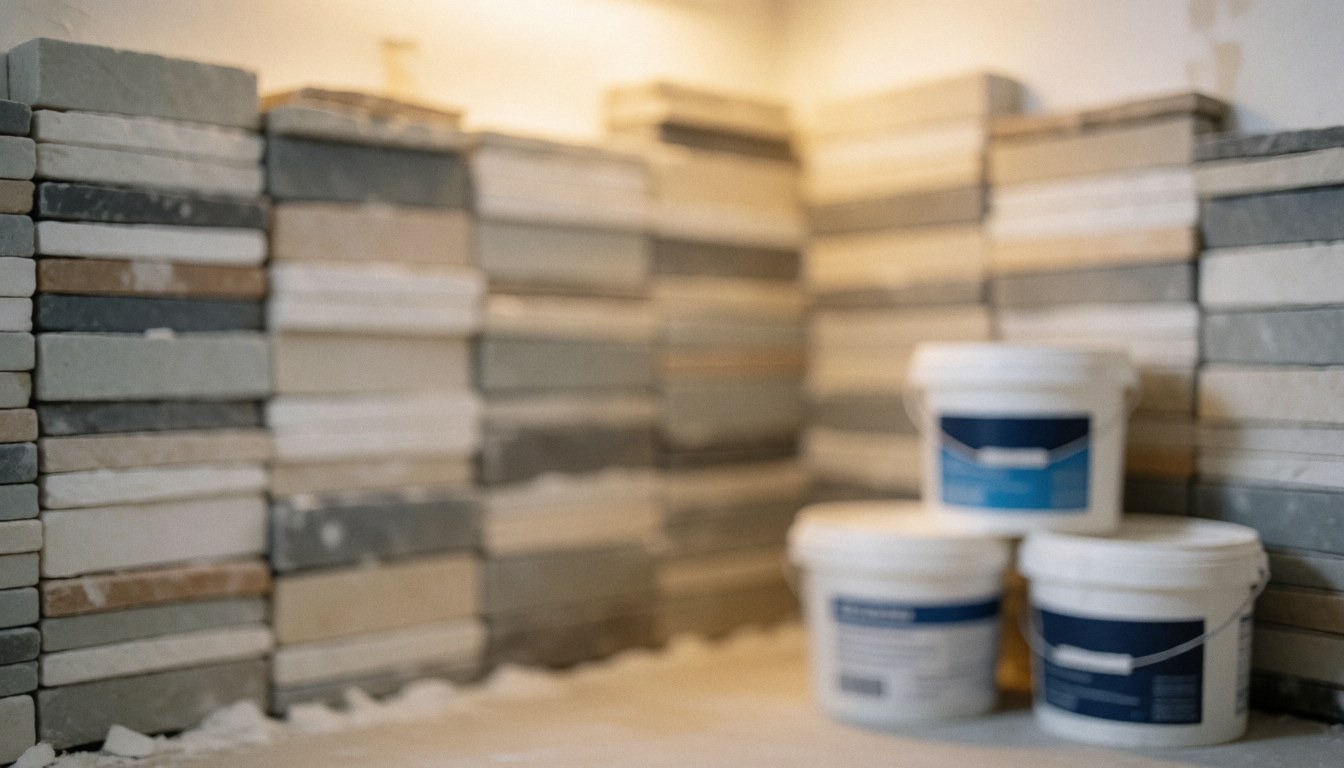 Neutral toned stacked tiles and adhesive containers on a textured background suitable for bathroom installation service text overlays