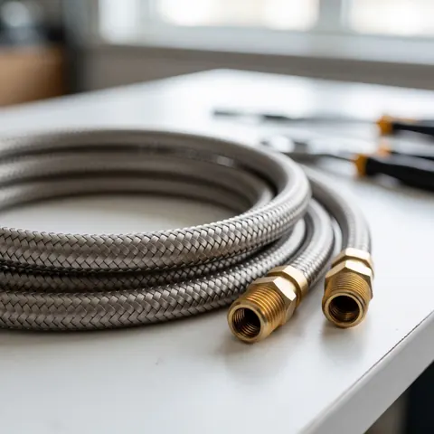 Close-up of a stainless steel flexible pipe with bronze connections resting on a clean white surface, suitable for plumbing repairs.