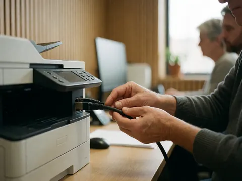 Close-up of a hand plugging a network cable into a printer with a blurred office background featuring a wooden wall and computer