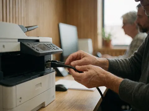 Close-up of a hand plugging a network cable into a printer with a blurred office background featuring a wooden wall and computer
