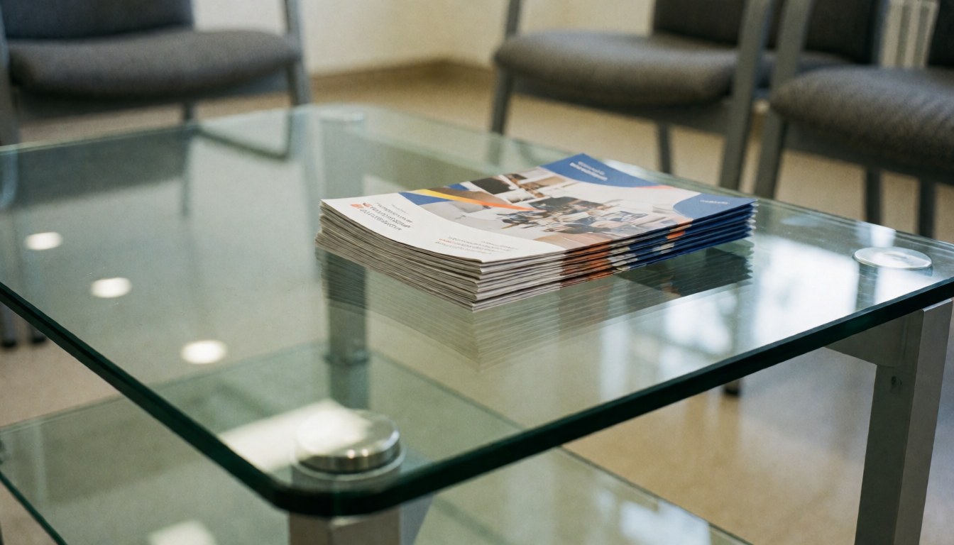 Glass table in waiting room with service brochures, light reflections, and gray chairs on blurred background