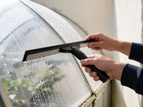 Adult hands using a black squeegee to clean a curved plastic greenhouse surface with water droplets and bright natural light
