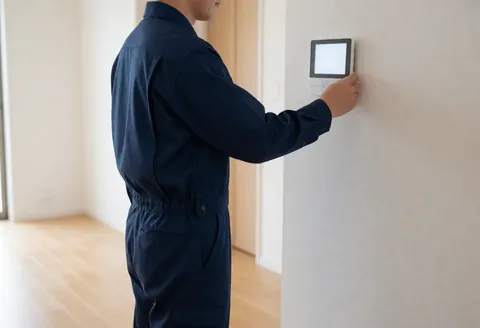 Technician in dark blue uniform programming a white wall-mounted security alarm panel in a modern room with light wood flooring.