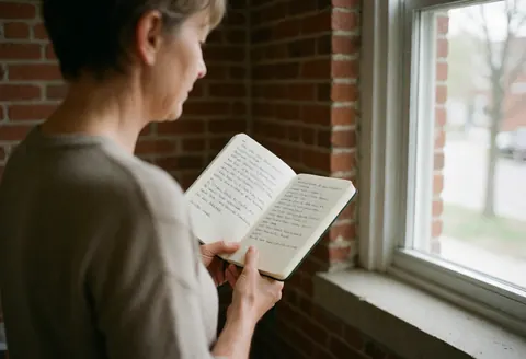 A writer reads a notebook near a window with natural light and a brick wall.