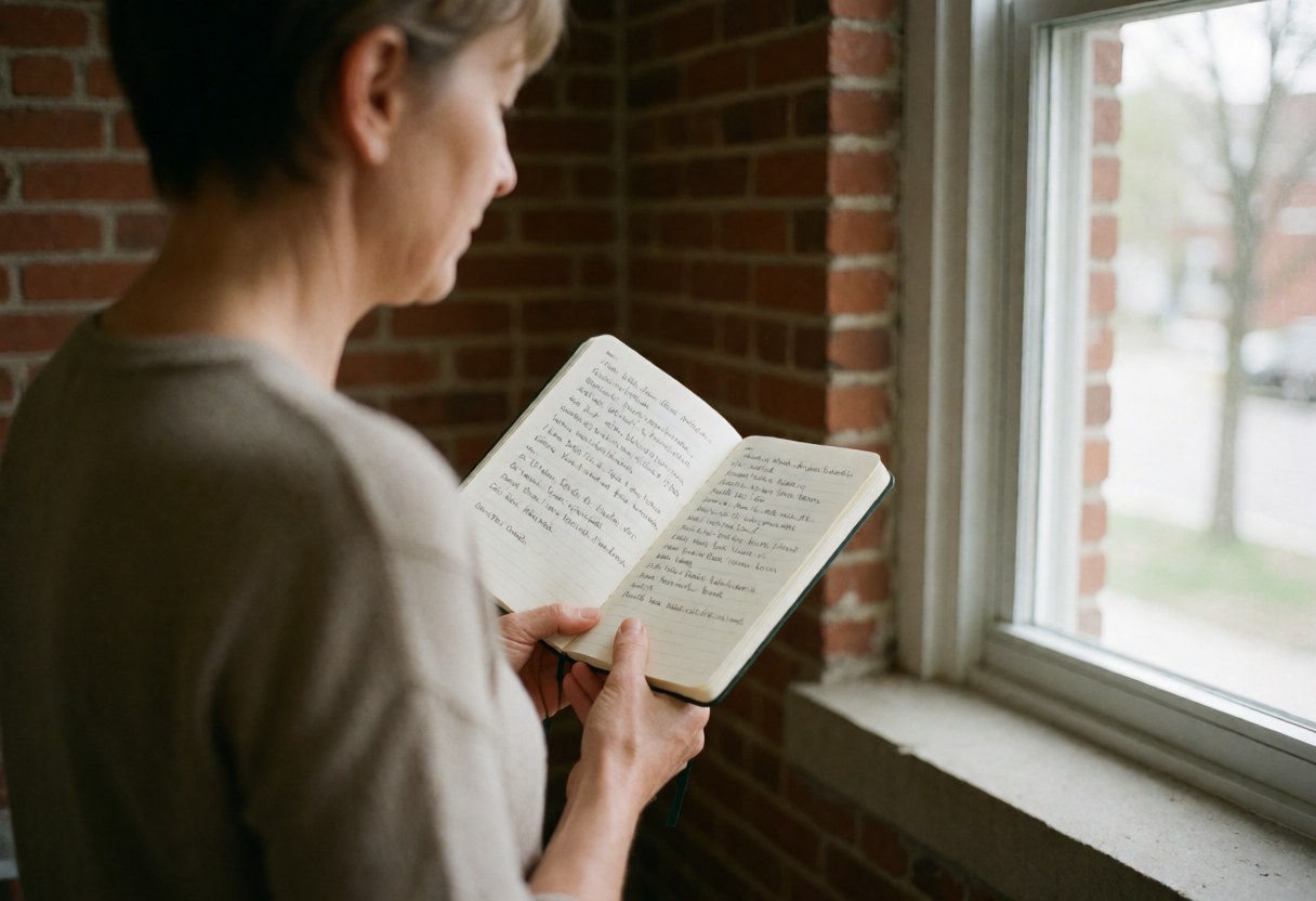 A writer reads a notebook near a window with natural light and a brick wall.
