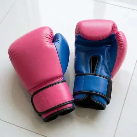 Pink and blue boxing gloves with black straps placed on a white tiled floor, ideal for women's boxing training.