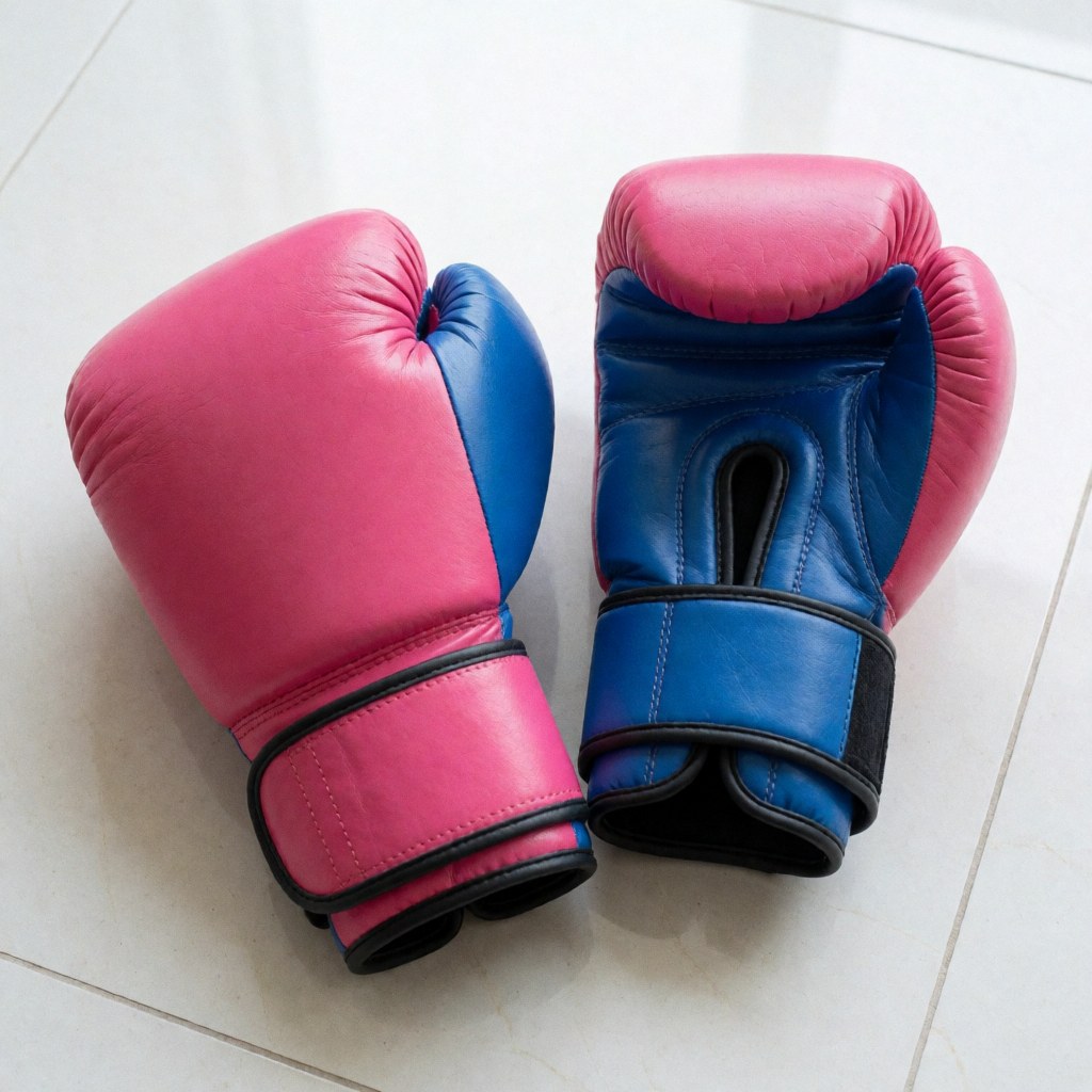 Pink and blue boxing gloves with black straps placed on a white tiled floor, ideal for women's boxing training.