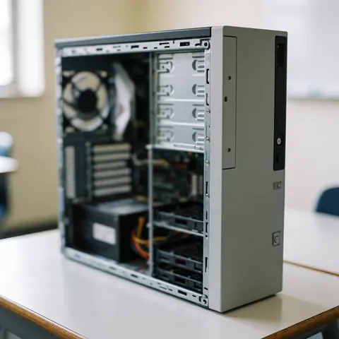 Desktop computer tower with side panel removed, revealing internal hardware like fans and drive bays on a white desk in an office setting
