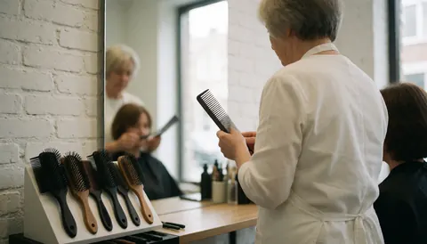 A hair stylist holding a comb in a professional salon with white brick walls and mirrors