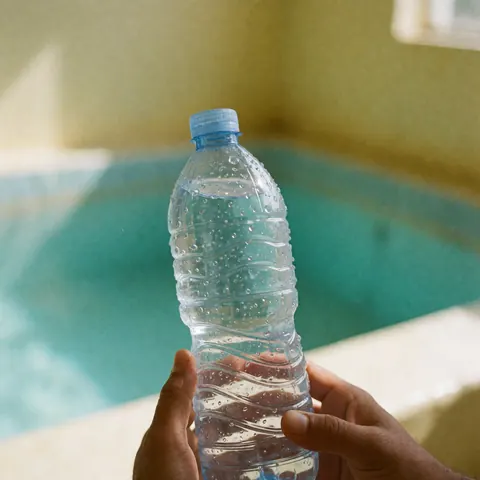 Hand holding a water bottle with condensation droplets against a blurred turquoise pool background with light yellow walls under bright natural light